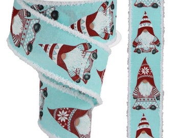 2.5” x 10 yard wired ice blue burlap with Gnomes and white drift edge, RG08797H1