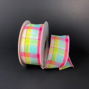 1.5” x 10 YD wired aqua, pink, green Montana  plaid ribbon, 41109-09-28