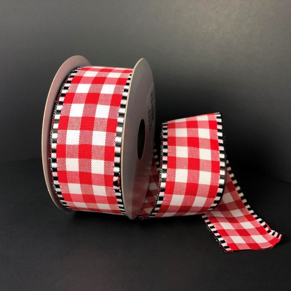 1.5” x 10 YD wired Red and white check with black & white edge ribbon, 47102-09-13