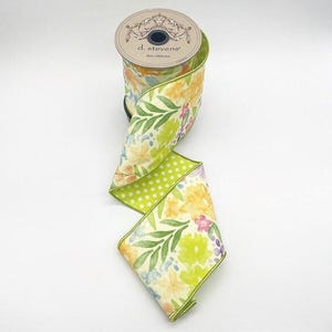4" x 10yds WIRED, Poplin watercolor floral mix in lime, blue and lavender with a lime and white polka dot backing, d. Stevens, 18-4885
