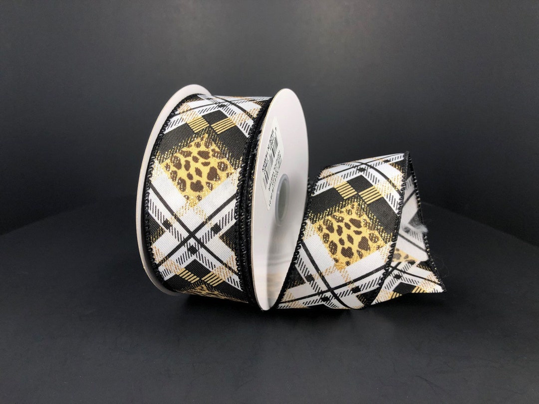 1.5” X 10 YD Wired Black White & Leopard Argyle Plaid Ribbon, 61118-09 ...