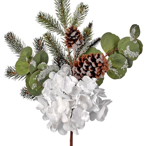 20” white hydrangea & eucalyptus spray, Christmas floral pick, white hydrangea spray, MTX71330-WHSN