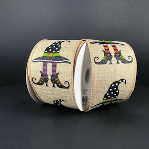 2.5” x 10 yard wired witch hat legs halloween ribbon on natural linen, 51202-40-15
