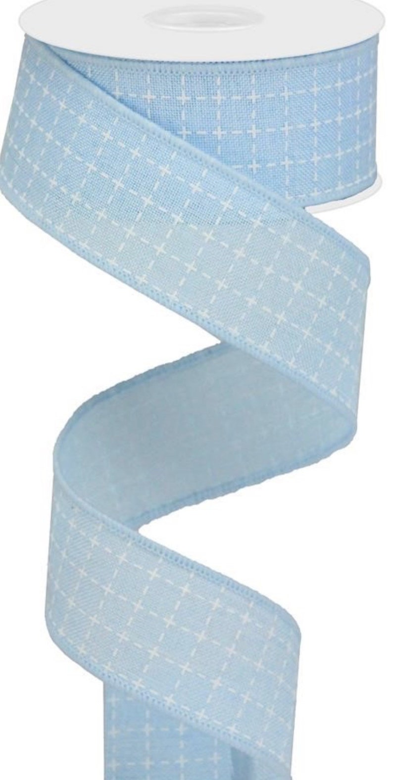 1.5\u201d x 10 yard wired light blue with white stitching burlap ribbon RG0167714