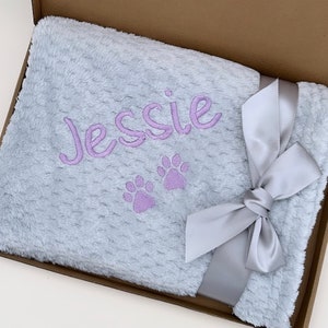 Op de afbeelding: Een lichtblauwe pluche deken met een zilveren lint dat in een strik is gebonden. De deken is gepersonaliseerd met de naam "Jessie" en twee paarse poot afdrukken.