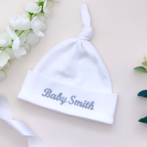 Embroidered Personalised Baby Hat, Embroidered Knotted Baby Hat, Baby Shower Gift, Embroidered Baby Hat, Newborn Baby Gift