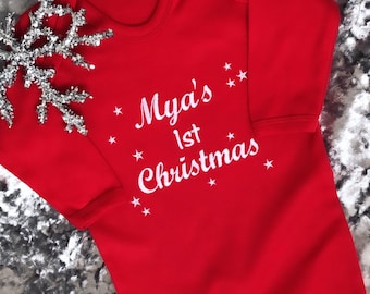 Embroidered Personalised Christmas Babygrow - Personalised 1st Christmas Sleepsuit - Embroiderd Personalised Baby’s First Christmas Romper