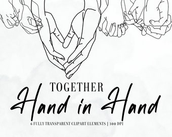 Together Hand in Hand - Zes handgetekende clipartafbeeldingen van handen hand in hand met volledig transparante achtergrond