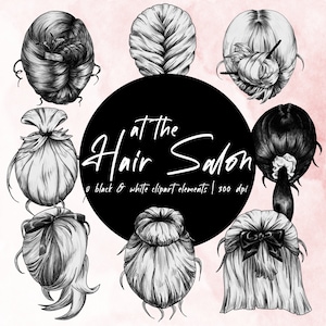 At the Hair Salon - Eight hand drawn clipart elements of different hairstyles in black and white. Limited commercial use included