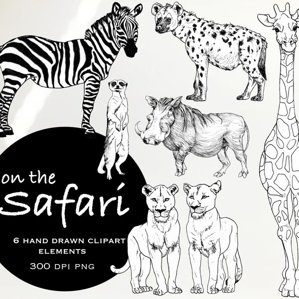 On The Safari Clipart, African Animal Clipart, Clipart Black and White, Clipart for Commercial Use, Nature Clipart, Safari Animals, Clip Art