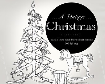 A Vintage Christmas - Six hand drawn clipart elements of vintage Christmas images in black and white. Limited commercial use included
