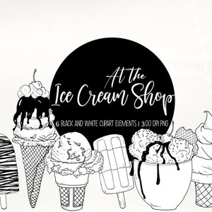 Im Eisladen - 6 handgezeichnete Clipart-Elemente aus Eiszapfen und Popsicles in schwarz-weiß. Eingeschränkte kommerzielle Nutzung inbegriffen.
