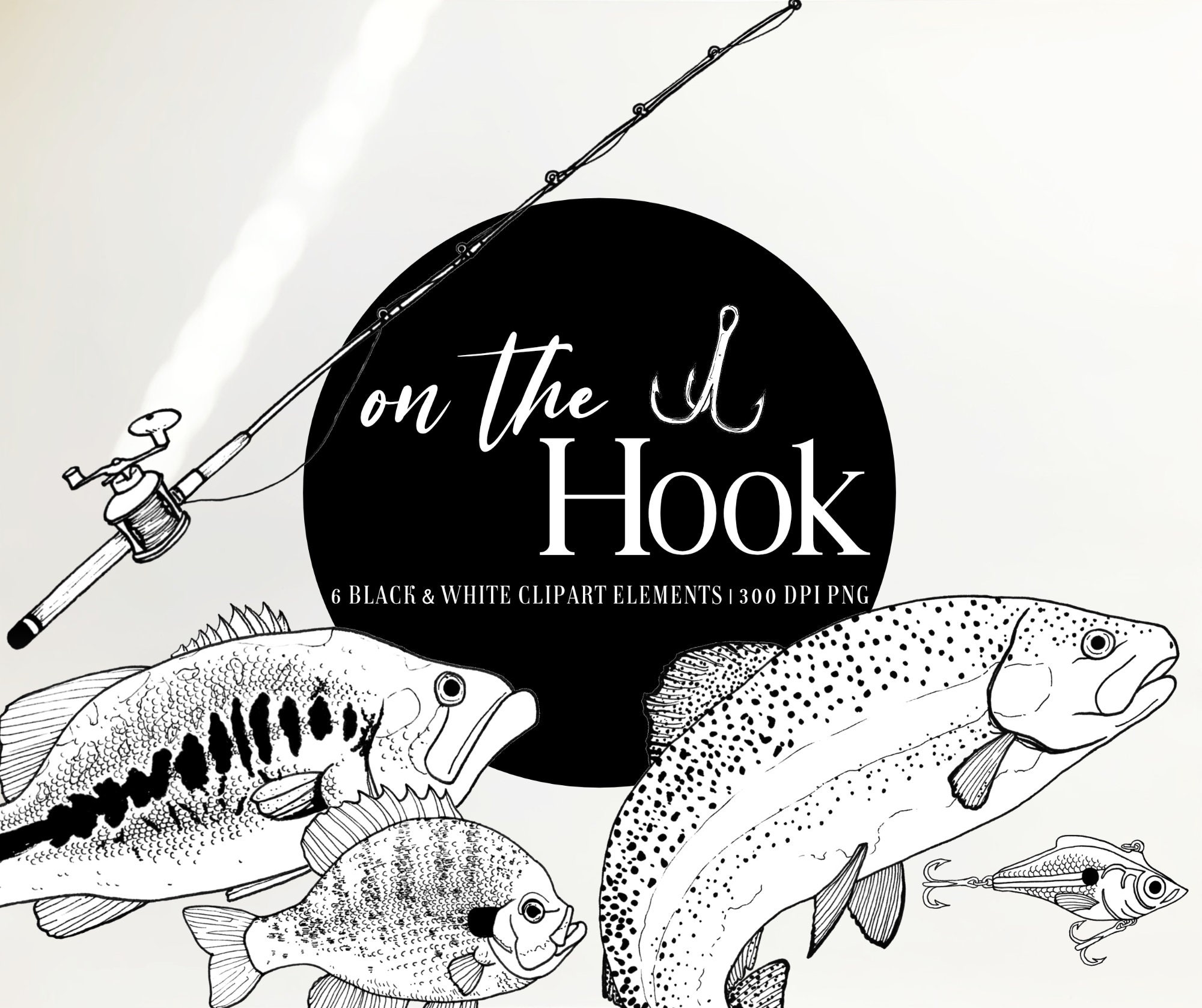 On the Hook Clipart Six Hand Drawn Clipart Elements of Fish and Fishing  Gear in Black and White. Limited Commercial Use Included 