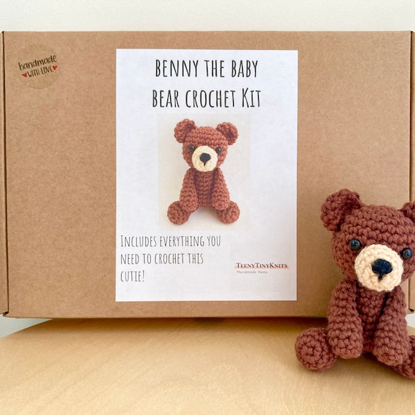 Crochet kit for a cute amigurumi animal toy ~ Benny the baby Bear ~ DIY kit/crafting kit/starter pack