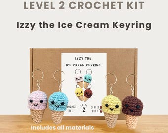 Izzy the Ice Cream Keyring 100% Cotton Crochet Kit - Amigurumi Food DIY Kit | Starter Pack