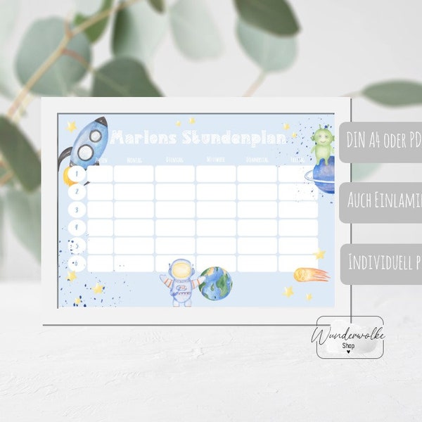 Stundenplan, Wochenplan, Kalender, Einschulung A4, PDF, Weltall, Raumschiff