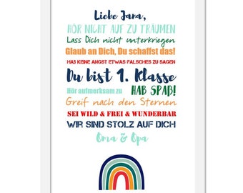 Geschenk zur Einschulung, Bild personalisiert, Regenbogen, Schulkind, A4 A3 PDF