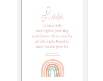 May include: A pink and white printable card with a rainbow design and the text "Luisa. Ich wünsche Dir einen Engel auf jedem Weg. einen Sonnenstrahl an jedem Tag. ein Licht in jeder Dunkelheit, einen Freund an jedem Ort. Zur Taufe am 16.04.2021 von Deiner Patentante Caro Wunderwolke"