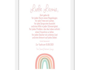 Geschenk mit Spruch zur Taufe, Kommunion, Konfirmation, Bild Personalisiert Baby Kunstdruck mit Namen Regenbogen