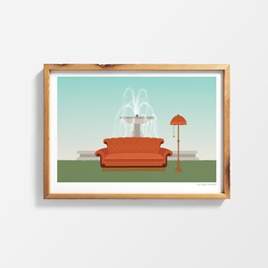 May include: An orange couch with a brown wooden frame sits in front of a fountain with a white base and a green grassy area. A brown lamp with a red shade stands to the right of the couch. The text "by Faegh Studio" is in the bottom right corner of the image.
