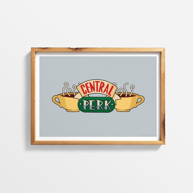 May include: A framed print of the Central Perk logo from the TV show Friends. The logo features three yellow coffee cups with steam coming from them, and the words "Central Perk" in red and green.