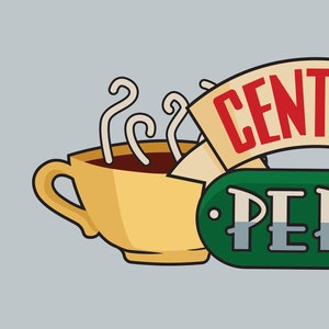 May include: A yellow coffee mug with steam rising from it, partially obscured by a brown and white sign that reads "Central Perk"
