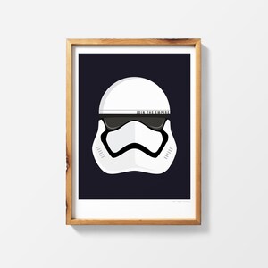 May include: A framed print of a white Stormtrooper helmet with the text "JOIN THE EMPIRE" on the helmet. The background is dark blue.