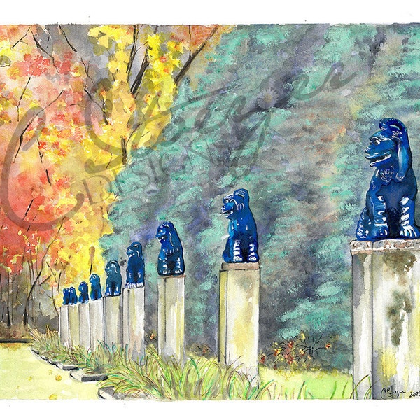 Foo Dog Garden Watercolor Painting - 8"x 10" Artwork Download