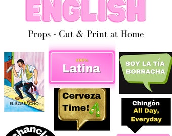 Accesorios para fotomatón inglés-español: bodas, quinces, fiestas, bodas, fiestas, cumpleanos. Imprime y corta en casa. Descargar archivos PNG.