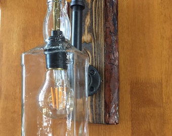 Jack Daniels Custom Wall Sconce light with Live Edge Wood Mount