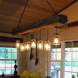 1880&#39;s Rustic Wood Beam Chandelier made wih Authentic Homestead Vintage Hand Hewn Reclaimed Wood Beam