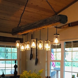 1880's Rustic Wood Beam Chandelier made wih Authentic Homestead Vintage Hand Hewn Reclaimed Wood Beam image 1