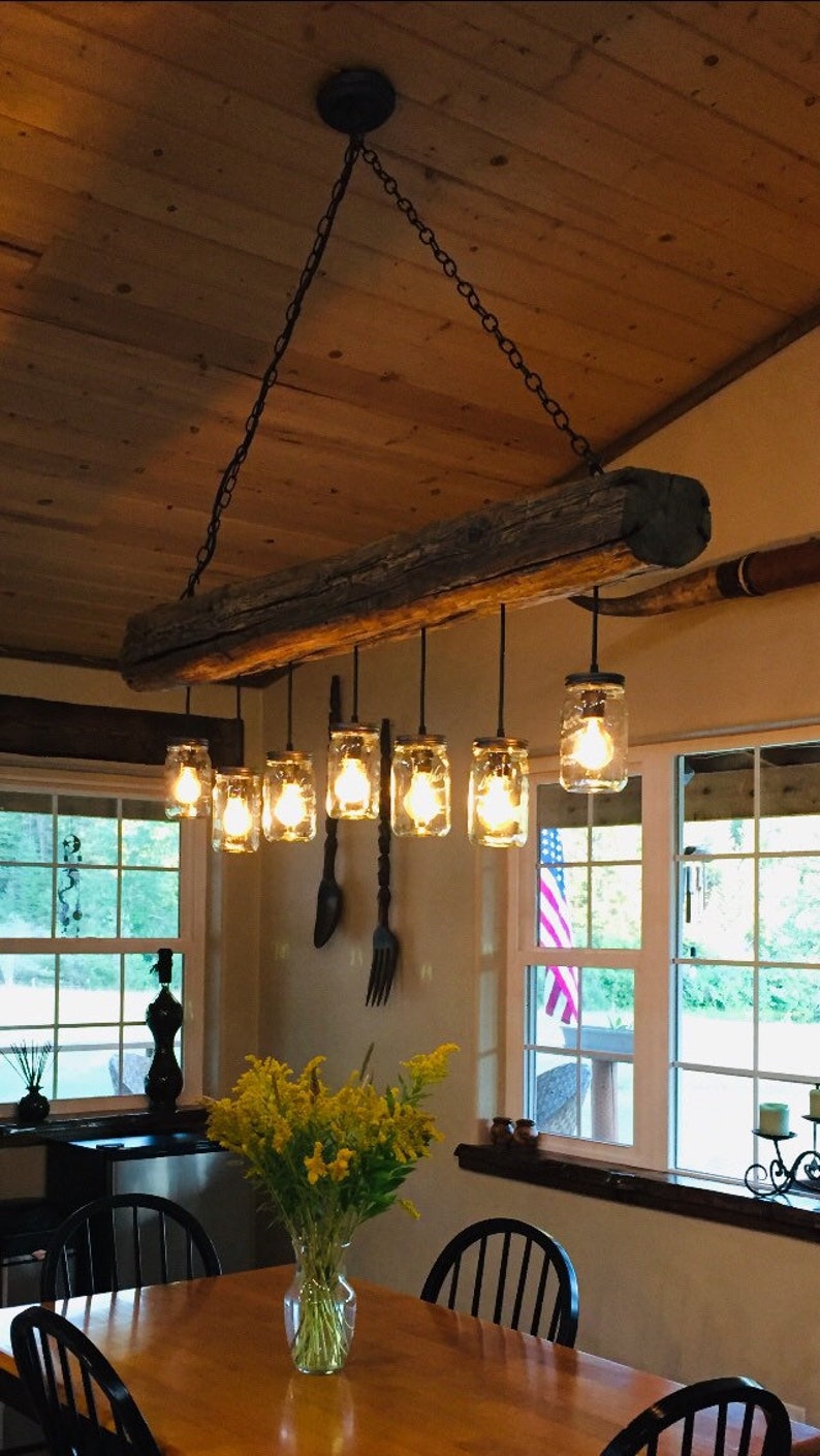 1880's Rustic Wood Beam Chandelier made wih Authentic Homestead Vintage Hand Hewn Reclaimed Wood Beam image 1