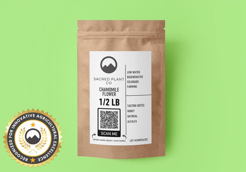 A 1/2 LB resealable kraft bag of sustainably sourced Chamomile Flower. Perfect for relaxation, digestion, and sleep support. Ethically harvested with a focus on premium quality and eco-friendly packaging.
