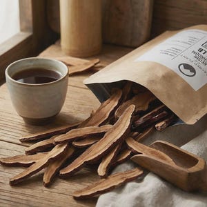 May include: A brown paper pouch labeled Sacred Plant Co Reishi Mushroom 1/2 LB with a QR code, spilling dried, sliced brown reishi mushrooms. A small wooden scoop rests nearby, and a ceramic cup filled with dark brown liquid sits to the left.