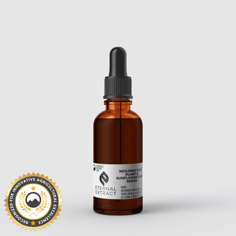 One-ounce Eternal Extract Resurrection Plant & Sunflower Face Serum in an eco-friendly amber glass bottle, crafted for hydration and skin renewal. Recognized for innovative agricultural excellence.