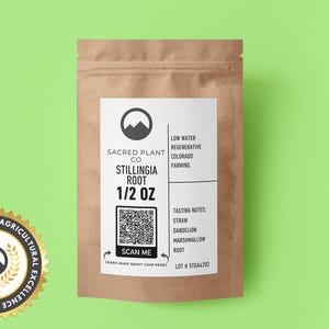 May include: A brown paper bag with a white label that says "Sacred Plant Co. Stillingia Root 1/2 oz". The label also includes a QR code with the text "Scan Me" and the words "Low Water Regenerative Colorado Farming". The bag is on a green background.