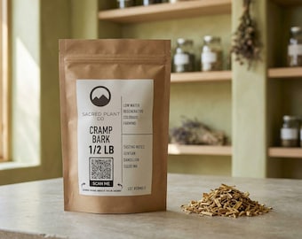 May include: A brown paper pouch labeled Sacred Plant Co Cramp Bark 1/2 LB with a QR code, low water regenerative Colorado farming text, and tasting notes of gentian, dandelion, and squid ink, accompanied by a small pile of dried bark pieces.
