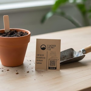 Giant Sequoia seed packet beside pot of soil and garden trowel.