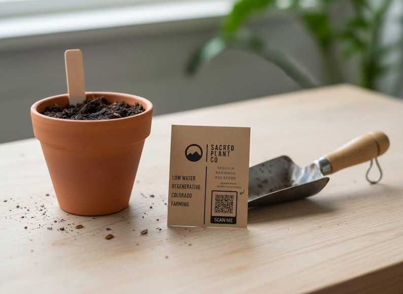 Giant Sequoia seed packet beside pot of soil and garden trowel.