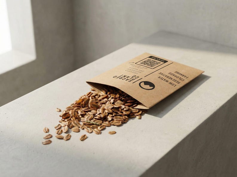 Giant Sequoia seeds spilling from Sacred Plant Co envelope on sunlit concrete.