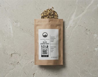 May include: A brown paper pouch containing dried black cohosh root, with a white label featuring the text Black Cohosh Root, 1/2 LB, and a QR code. The pouch is open at the top, revealing a small pile of the brown, textured herbal root pieces.