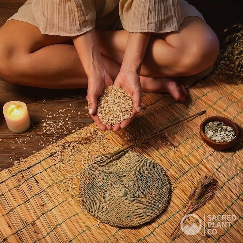 Woman seated on a woven mat in a warm, rustic setting, holding premium organic bulk oatstraw herb in her hands, with a candle nearby, surrounded by dried grasses and green oats, highlighting the natural wellness of Avena Sativa with Sacred Plant Co branding.