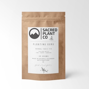 May include: A brown paper bag with a white label that says "SACRED PLANT CO" and "FLOATING GURU" in black text. The label also includes the text "HERBAL YOGIC TEA", "TASTING NOTES", "FIRE - EARTH - SUNSHINE", "50 GRAMS", "MADE IN COLORFUL COLORADO WITH GRATITUDE BY" and "Potink & Sacred Plant Co."