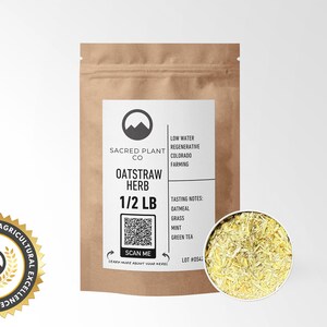 1/2 LB Oatstraw Herb packaged in eco-friendly kraft paper, tasting notes of oatmeal, grass, mint, and green tea. Green background to reflect regenerative farming. The inset highlights finely cut, golden Oatstraw. With silver tin sample on the side.