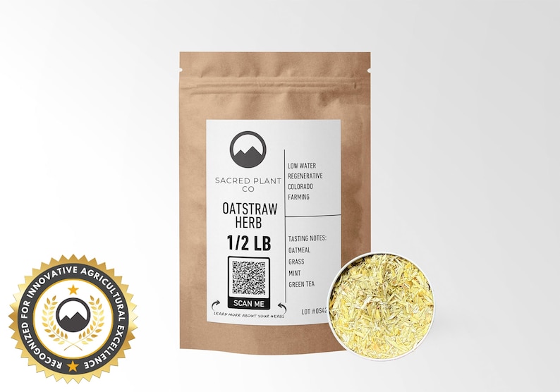 1/2 LB Oatstraw Herb packaged in eco-friendly kraft paper, tasting notes of oatmeal, grass, mint, and green tea. Green background to reflect regenerative farming. The inset highlights finely cut, golden Oatstraw. With silver tin sample on the side.