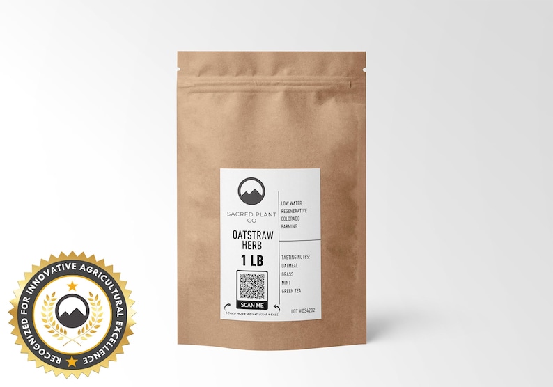 Sustainable kraft packaging contains 1 LB of high-quality Oatstraw herb with tasting notes of oatmeal and green tea. The QR code offers more product details, while the green background emphasizes Sacred Plant Co’s eco-conscious values.