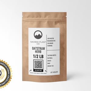 1/2 LB Oatstraw Herb packaged in eco-friendly kraft paper, tasting notes of oatmeal, grass, mint, and green tea. Green background to reflect regenerative farming. The inset highlights finely cut, golden Oatstraw. With innovative agricultural badge.