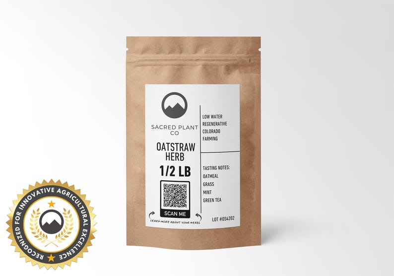 1/2 LB Oatstraw Herb packaged in eco-friendly kraft paper, tasting notes of oatmeal, grass, mint, and green tea. Green background to reflect regenerative farming. The inset highlights finely cut, golden Oatstraw. With innovative agricultural badge.