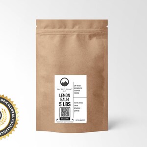 A larger kraft paper bag labeled Sacred Plant Co Lemon Balm 5 LBS, ideal for bulk purchases. Features low water regenerative Colorado farming and tasting notes of lemon, spearmint, and camphor.